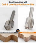 Top Tier 10 Piece Carbide Router Bit Set With One Eighth Inch Shank For Rotary Tools showcasing dull vs sharp bit on wood