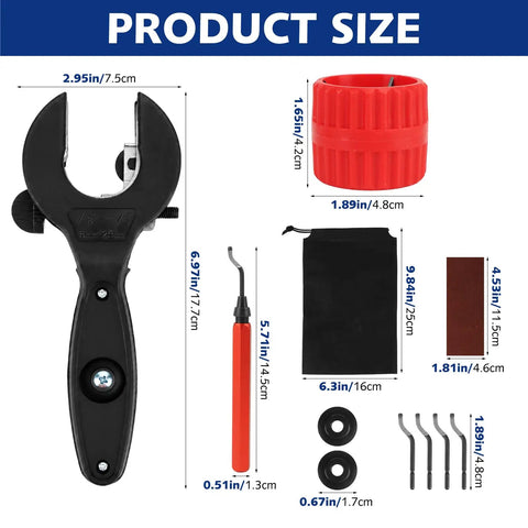 Ratcheting Tubing Cutter For Copper, PVC And Soft Metal Tubing, 360 Degree Ratchet For Tight Spaces, Heavy Duty Pipe Cutter, Cuts Five Sixteenths To One And One Eighth Inches, Built For Pros And Weekend DIYers size chart with cutter and parts