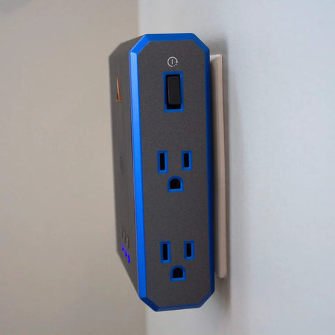 Side view of V Series Wall Power Four Outlet Surge Protector With 3000 Joules, EMI RFI Filtration, mounted on a wall, black color.