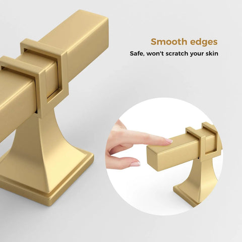 Heavy Duty Square Cabinet Knobs 6 Pack Sporting Slick Brushed Brass Finish, showing smooth edges and easy grip.
