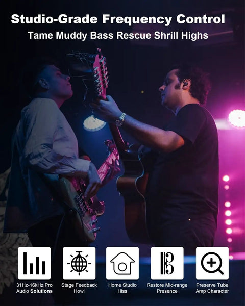 Musicians using 10-Band Equalizer Pedal For Guitar And Bass With Low-Noise on stage for studio-grade frequency control.