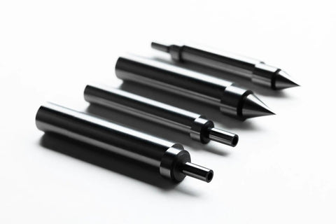 Industrial Grade Mechanical Edge Finder Featuring .200-Inch Tactile Contact Tip And 3/8-Inch Shank, four metal probes on white background.