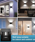 Collage of tweakable 20W black square LED outdoor wall sconces with adjustable up down lighting on various walls