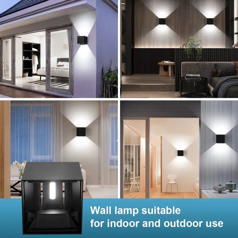 Collage of tweakable 20W black square LED outdoor wall sconces with adjustable up down lighting on various walls