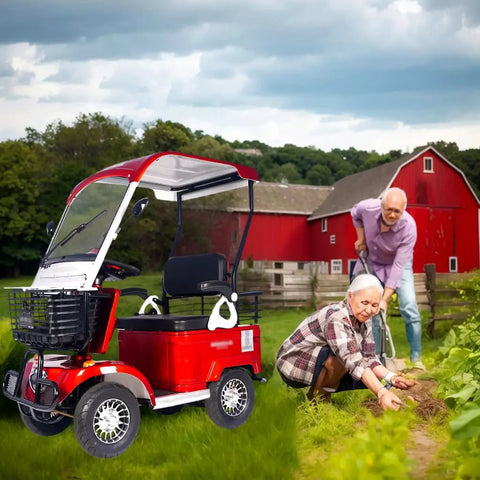 Heavy Duty Electric Golf Cart Passenger Cruiser Features Massive Storage Trunk And Slick 800W Motor Pushing 18MPH Over 50 Miles Per Charge For No Sweat Riding Anywhere near senior couple gardening.