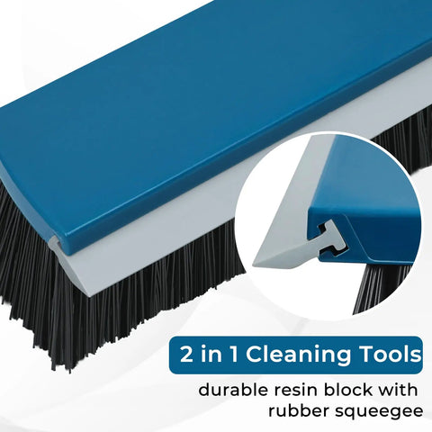 16 Inch Push Broom With Rubber Squeegee And 58 Inch Long Handle 2 In 1 Heavy Duty Outdoor Broom close-up of bristles and squeegee