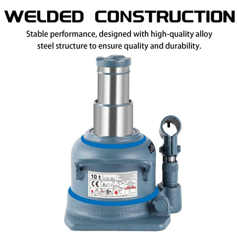 Low Pro 10 Ton Double Ram Bottle Jack For Low Clearance Lifts From Four And Seven Eighths Inches To Eight And Seven Eighths Inches, Compact Welded Hydraulic Jack With Shorty Stature And Solid Stable Build front view