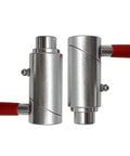 5/8 Inch Spring Loaded Twist Lock Plunger Pin Compatible With Cam Lock Wrecker Tow Truck Farm Equipment Wheel Lift Stabilizer Legs Rock Solid Heavy Duty Metal Fastener 2 Pack close-up view with red grip.
