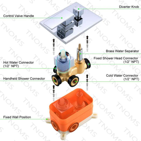 Diagram of Polished Chrome Shower System Kit Full Wall Mount With 12 Inch Rainfall Head, dual valves, brass valve connections