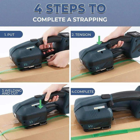 Cordless Automatic Strapping Machine For Heavy Pallet Packaging shown in four-step strapping process with hand gripping tool.