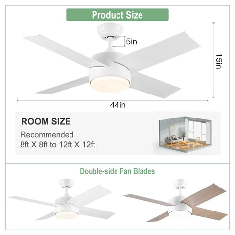 White Ceiling Fan With Lights And Remote For Indoor Outdoor Use, 44 Inch Modern Ceiling Fan With Tri Color Dimmable LED dimensions