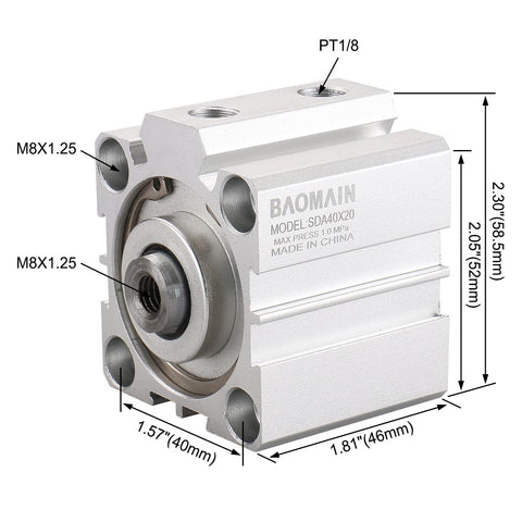 Space Saving SDA40x20 Compact Thin Air Cylinder 40mm Bore 20mm Stroke Double Acting Aluminum Body Single Rod with PT1/8 Ports