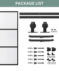 Clear Tempered Glass Barn Door 36x84 with Carbon Steel Frame shown with 6ft hardware kit and soft close system components