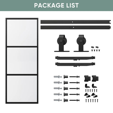Package contents of 42-Inch By 84-Inch Glass Barn Door With Tempered Clear Glass, Pre-Drilled Carbon Steel Frame, Sliding Barn Door Panel.