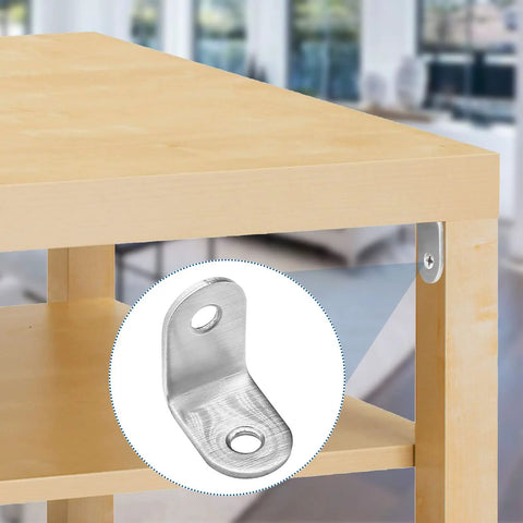 20 Pack Stainless Steel L Shaped Corner Braces 1 Inch By 1 Inch Right Angle Fasteners installed on shelf for joint support