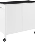 Granite Top Kitchen Island Cart with Rolling Wheels, Microwave Stand, Black Finish, Ample Storage Shelves, Cabinet for Modern Kitchens