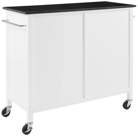 Granite Top Kitchen Island Cart with Rolling Wheels, Microwave Stand, Black Finish, Ample Storage Shelves, Cabinet for Modern Kitchens