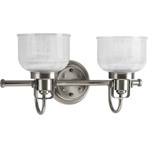 Two Light Coastal Bath Vanity Fixture With Clear Double Prismatic Glass Shades In Antique Nickel Archie Collection Vintage Vibe Bathroom Light