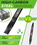 Side view of high-carbon steel 21 Inch Mulching Blade With Circle Mounting Pattern For Craftsman And Husqvarna Lawn Mowers Fits 21 Inch Decks Replaces OEM 165833 175064 189028 406712 Beefed Up Durable Steel Easy Install Clean Even Cut Performance showcasing strength and cutting efficiency.