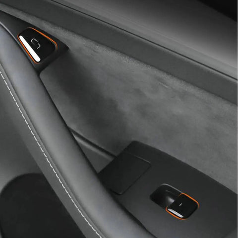 Clean 11 Piece Interior Window Switch Covers And Door Control Button Trim Kit For Tesla Model 3 And Model Y 2017 To 2023 on black door panel.