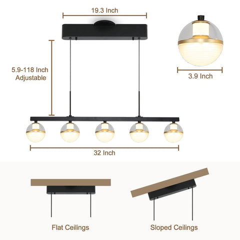 Dimensions and features of 32 Inch Wide Modern LED Kitchen Island Pendant Light Five Light Kit Adjustable Height in black and gold finish.