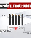 Five 3/8-inch carbide lathe tool holders with gold inserts; black metal bodies and a red hex-key included
