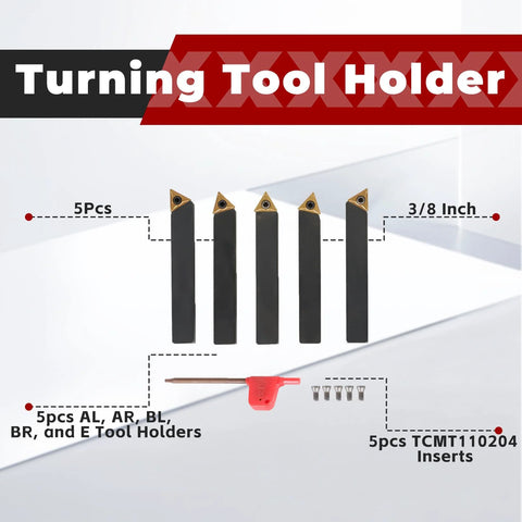 Five 3/8-inch carbide lathe tool holders with gold inserts; black metal bodies and a red hex-key included
