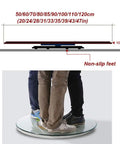 Heavy Duty Glass Lazy Susan Turntable With Sturdy Metal Base And 360 Degree Spin For Family Style Dining Or Display Wide Round Diameter From 24 To 47 Inches And Non Slip Grippy Pad; supports multiple people standing on it.