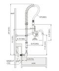 Diagram of Pro Grade Commercial Kitchen Faucet With Pre Rinse Sprayer Wall Mount Eight Inch Center Nine Point Six Inch Swing Add On Spout