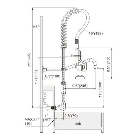 Diagram of Pro Grade Commercial Kitchen Faucet With Pre Rinse Sprayer Wall Mount Eight Inch Center Nine Point Six Inch Swing Add On Spout