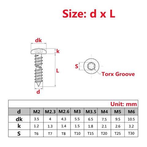 Diagram of 304 Stainless Steel Hex Socket Round Head Tapping Screws Pack Of 200 M2.6 12mm Six Lobed Wood Screws Pan Head