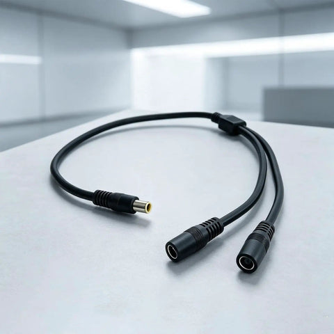 Slick Black Y Splitter Charging Extension Cable With Tangle Free Layout For Hassle Free Device Sync And Ultra Clean Cable Management Perfect For Tight Quarters Installations Plus Smart Short Throw Design Keeps Your Rig Looking Sharp, close-up view on a light background.