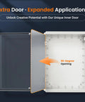 Waterproof IP67 Outdoor Junction Box With Inner Door And Mounting Plate shown with 90-degree inner door opening illustration
