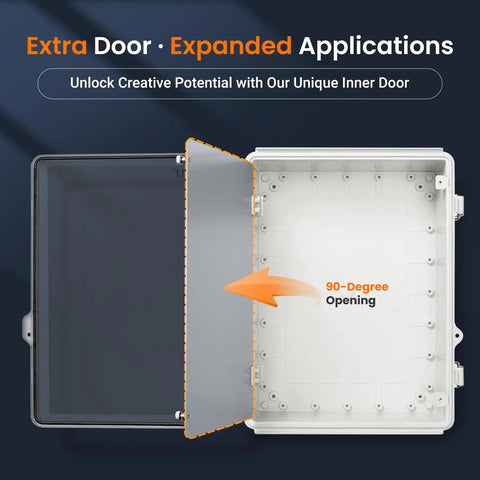 Waterproof IP67 Outdoor Junction Box With Inner Door And Mounting Plate shown with 90-degree inner door opening illustration