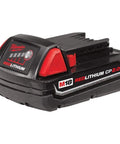Red Lithium 2.0 CP2.0 compact battery pack for M18 tools, high capacity 18V, size 3.3 by 6 by 5.6 inches, single battery view.