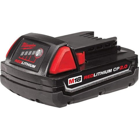 Red Lithium 2.0 CP2.0 compact battery pack for M18 tools, high capacity 18V, size 3.3 by 6 by 5.6 inches, single battery view.