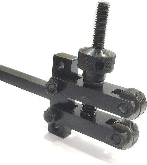 Pro Grade Spring Loaded Clamp Type Knurling Tool For Lathes With Two Inch Capacity Adjustable Knurling Tool Includes Four Spare Knurls Knurl Dimensions Three Quarter By Three Eighths By One Quarter Inch Shank Size Three Eighths shown