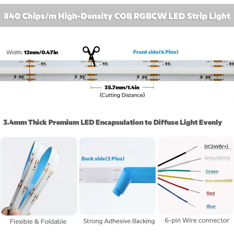 24V DC Color Changing RGBCCT Dotless COB LED Strip Lights DIY Friendly High Density 4200 LEDs RGBWW diagram details