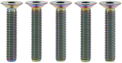 Pro Grade Kickass Titanium Bolt Set Five Piece M6 X 25 mm Flat Countersunk Head Allen Key Rainbow Coated Heavy Duty Kit showcasing titanium bolts.