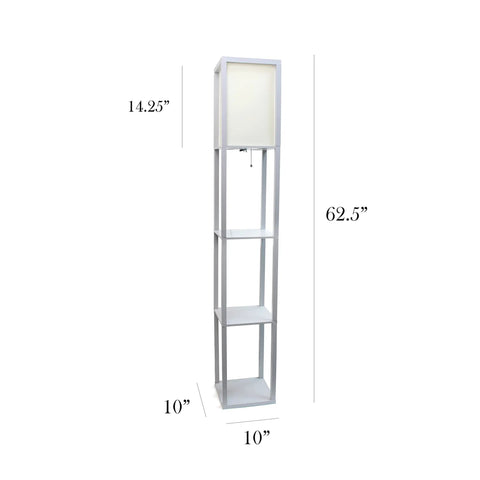 Sleek Gray Etagere Floor Lamp With Linen Shade And Built-In Shelves, 62.5in tall, 3 shelves, shown with dimensions visible.