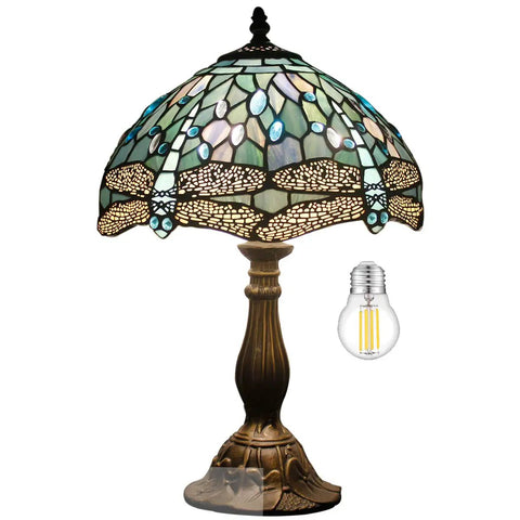 Lit Tiffany Style Sea Blue Stained Glass Table Lamp With Dragonfly Motif 12 Inch Wide Shade 18 Inch Tall Desk Reading Light