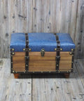 Straight Up Transform Your Lounge Game With This Sturdy Industrial Storage Ottoman Bench Featuring A Plush Faux Leather Seat Perfect For Kicking Back Organizing Shoes Or Just Relaxing In Style, blue faux leather top with wooden base.