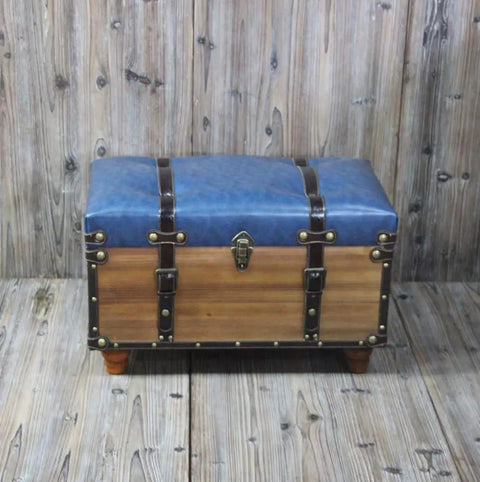 Straight Up Transform Your Lounge Game With This Sturdy Industrial Storage Ottoman Bench Featuring A Plush Faux Leather Seat Perfect For Kicking Back Organizing Shoes Or Just Relaxing In Style, blue faux leather top with wooden base.
