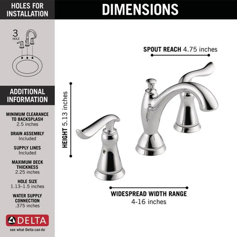 Linden Widespread Chrome Bathroom Faucet With Diamond Seal Technology For 3 Hole Install dimensions and installation guide