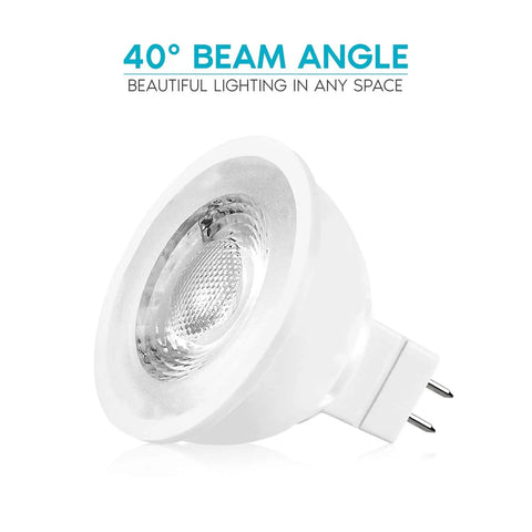 MR16 LED Bulb 50W Equivalent 12V 3000K Soft White Dimmable Spotlight GU5.3 500 Lumens angled view with 40° beam angle