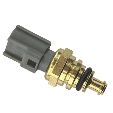 Engine coolant temperature sensor with gray plastic connector and brass threaded body with black O-ring, side view.