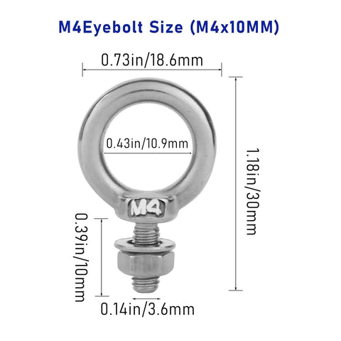 10 Pack M4 Eyebolt With Nut Stainless Steel Beefy Heavy Duty Screw Eye Bolts With Nuts 4mm Thread 11mm Shank Ring Shoulder Design