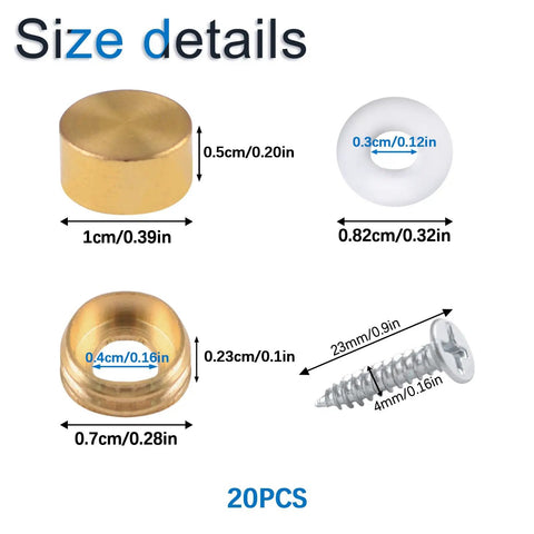 Top Shelf Real Deal Copper Mirror Screws, Brushed Gold Decorative Caps For Bathroom Mirrors And Glass Tables, 20 Pack Easy Setup Furniture Hardware To Keep Everything Locked Down Tight, size details with measurements.