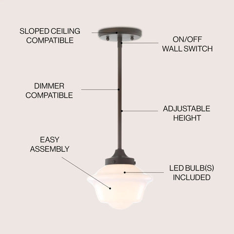Oil Rubbed Bronze Dope Modern Schoolhouse LED Pendant Light Fixture With White Glass Shade Adjustable Drop Metal Hanging Lamp
