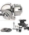 Rugged Dividing Head With Three Jaw Chuck Set For Milling Machines Featuring Four To Eight Inch Rotary Table And One Ninety Reduction Ratio, showcasing precision components and accessories.
